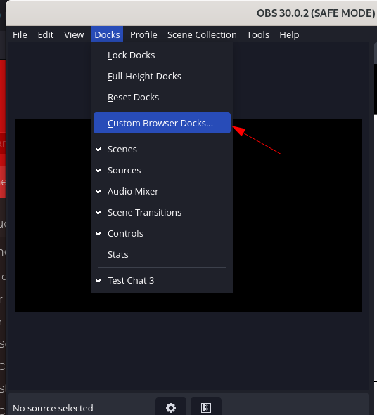 Screenshot nabídky OBS Dock s položkou „Custom Browser Docks“ (Vlastní dokovací prohlížeče).